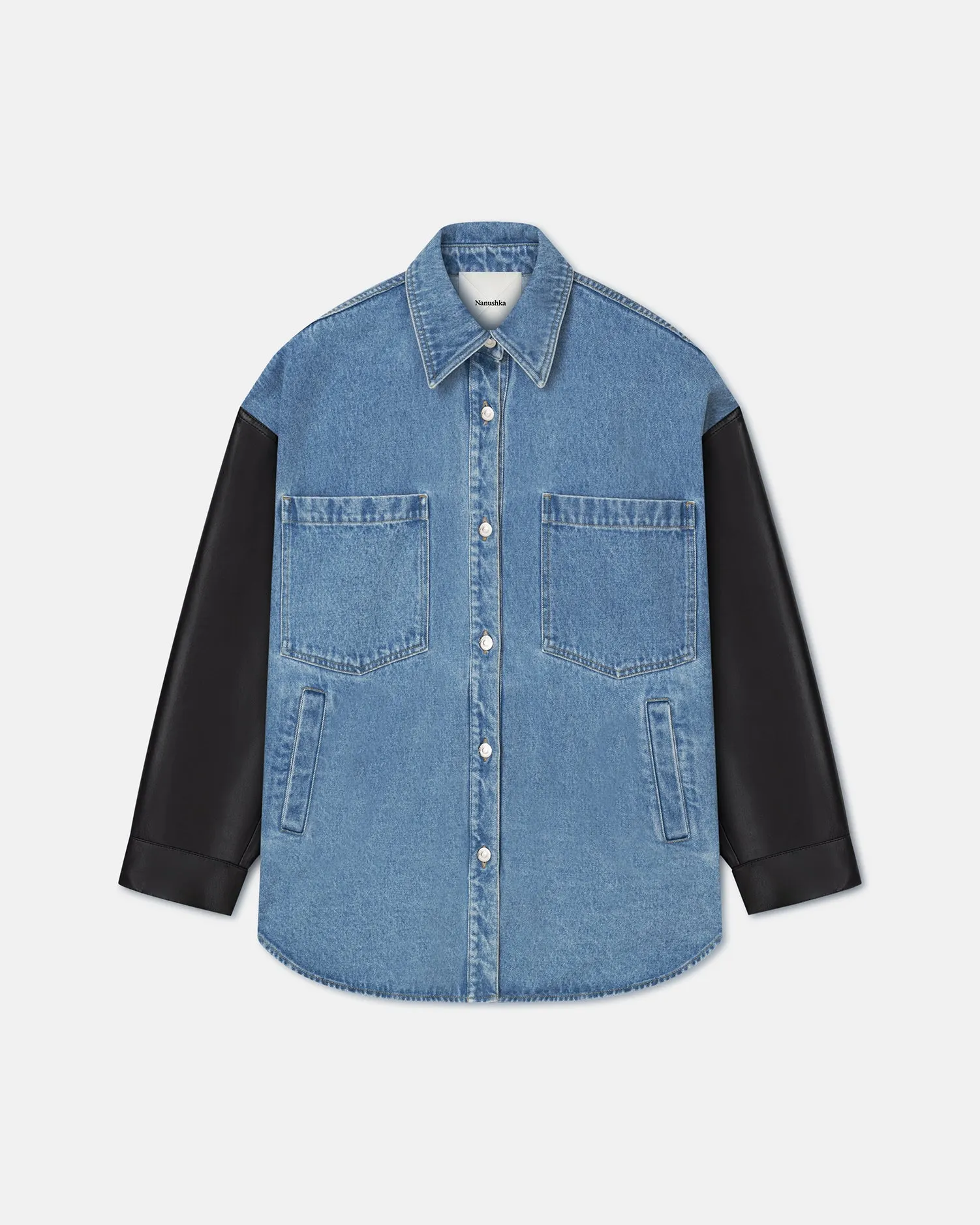 Zinnie - Denim and Regenerated Leather Shirt - Mid Blue-Black Sporty Layer Wedges