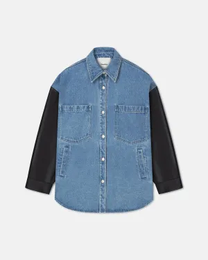 Zinnie - Denim and Regenerated Leather Shirt - Mid Blue-Black Sporty Layer Wedges