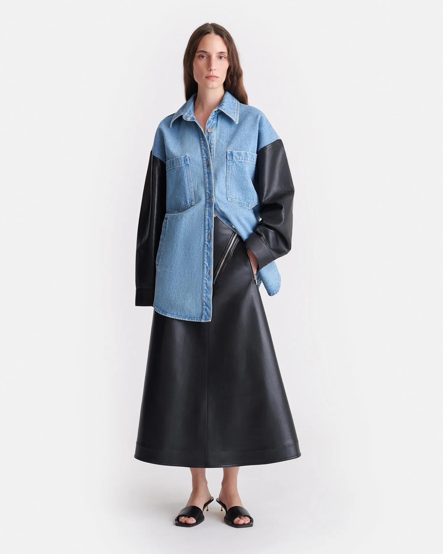 Zinnie - Denim and Regenerated Leather Shirt - Mid Blue-Black Breathable Material