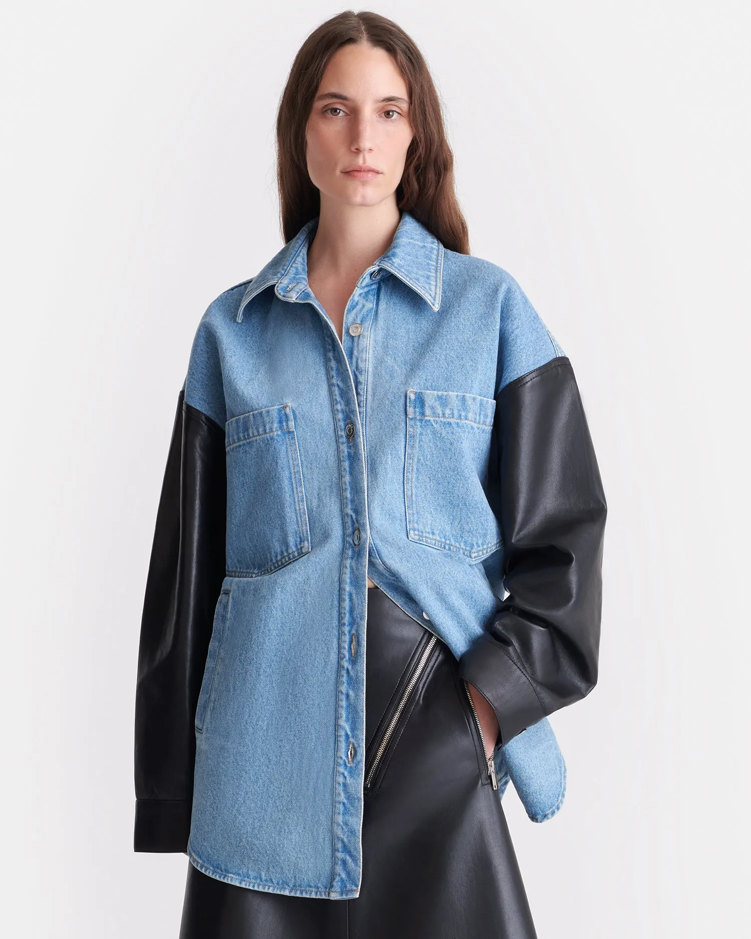 yoga clothes Animal Print Zinnie - Denim and Regenerated Leather Shirt - Mid Blue-Black