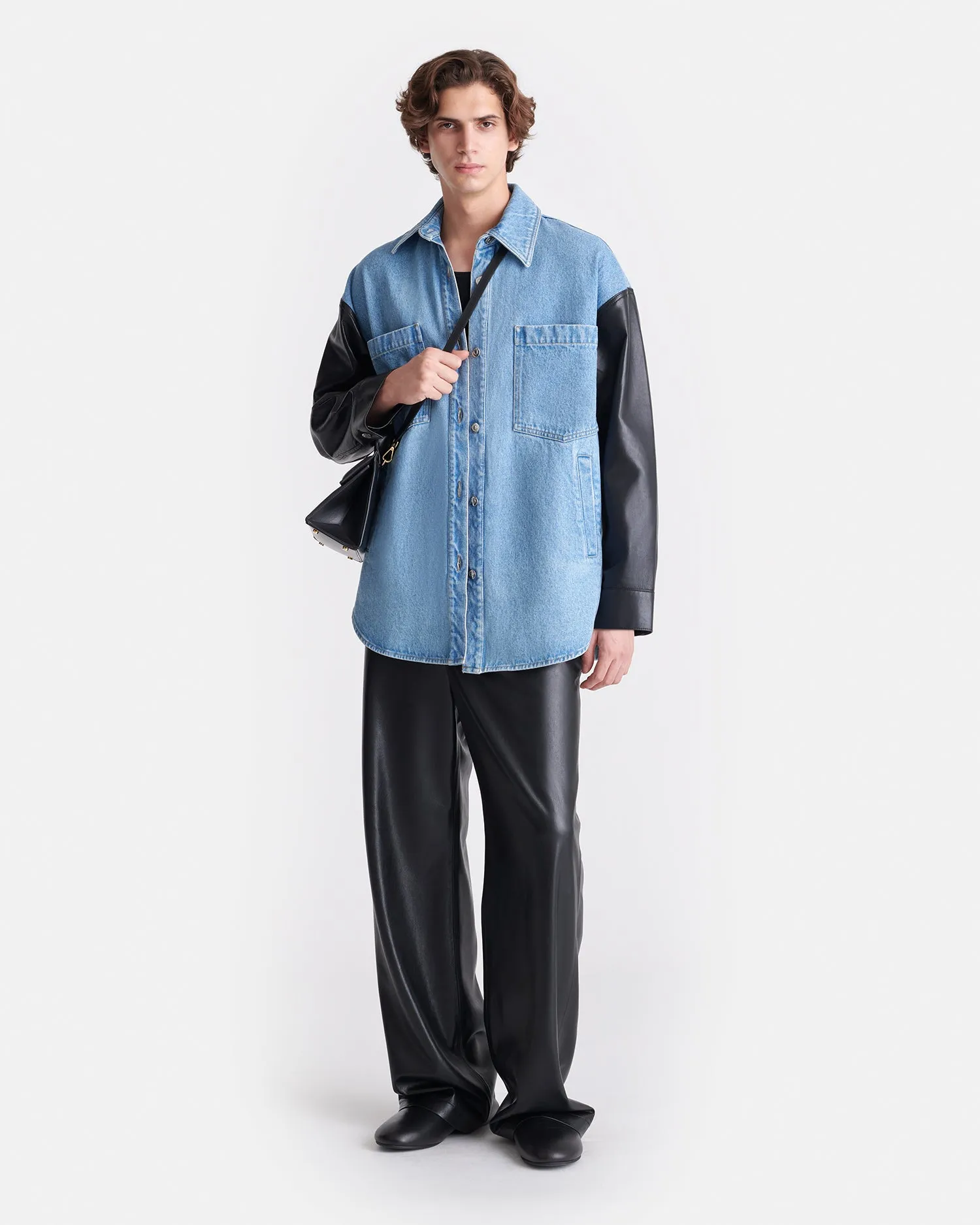 Zinnie - Denim and Regenerated Leather Shirt - Mid Blue-Black Flexible Comfort Wear athletic clothing