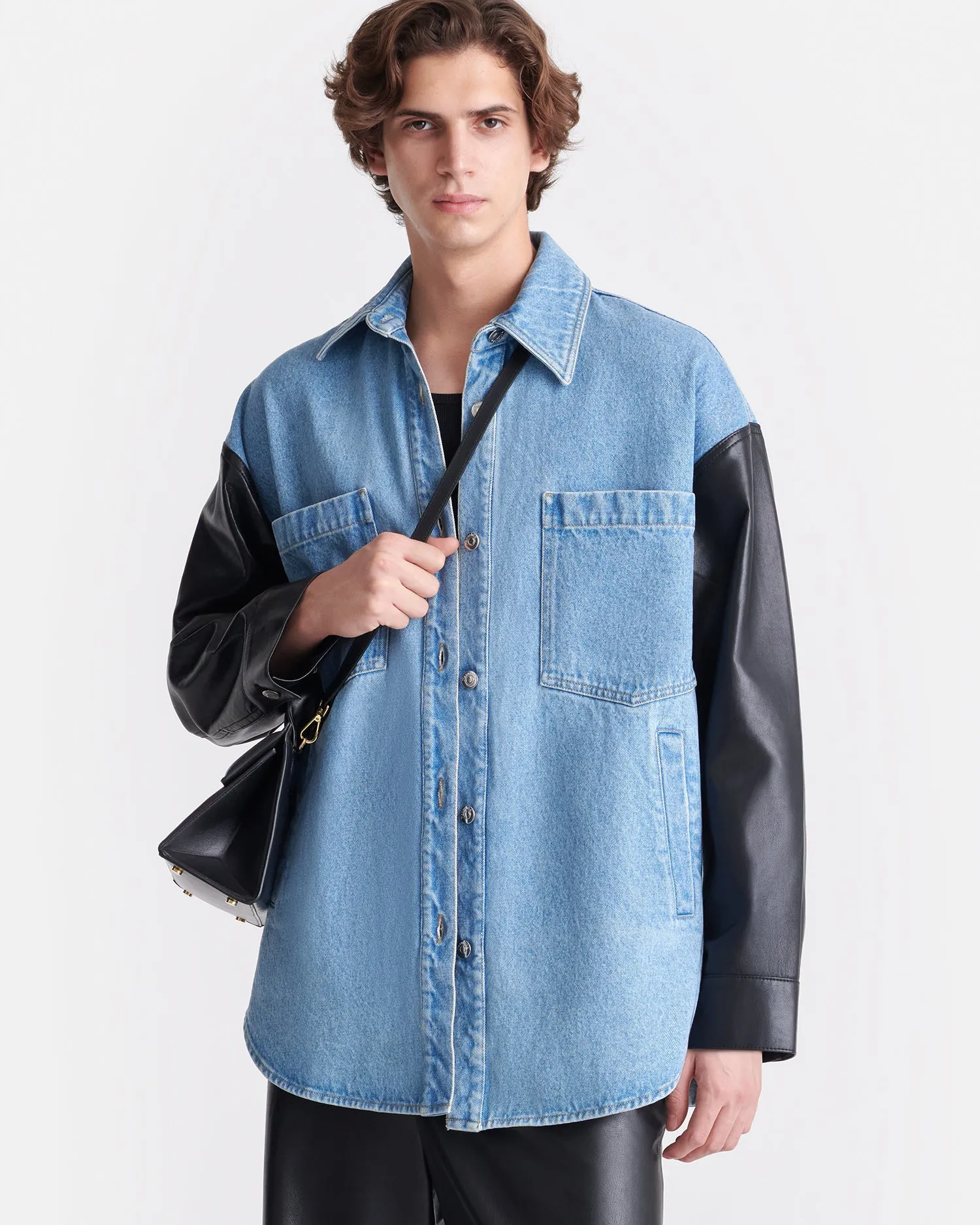 hypoallergenic material Zinnie - Denim and Regenerated Leather Shirt - Mid Blue-Black