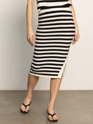 Side Slit Midi Skirt Black/ Macrame Stripe Functional Waist