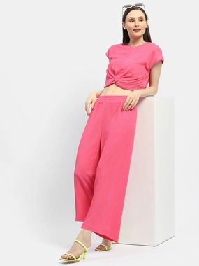 Structured-Shape Layered Comfort Wear Madame Textured Hot Pink Knotted Co-Ord Set