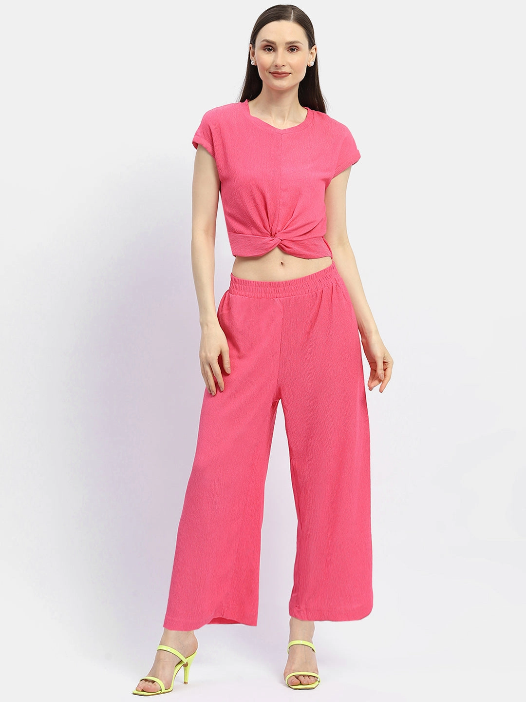 Travel Vibe Drawstring-Waist Madame Textured Hot Pink Knotted Co-Ord Set