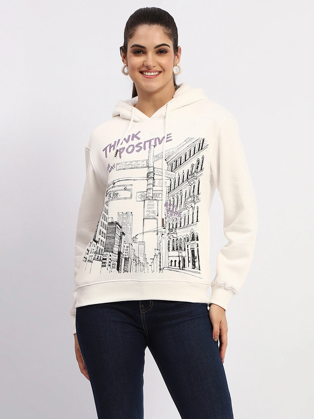 Madame White Graphic Printed Hoodie Sweatshirt Machine washable
