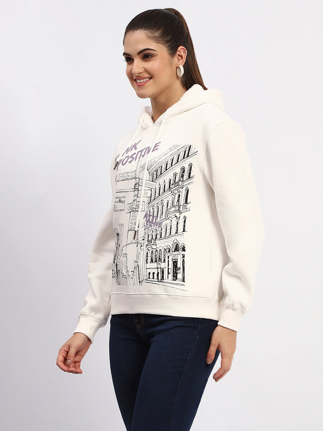 thermal rhinestone accents Madame White Graphic Printed Hoodie Sweatshirt
