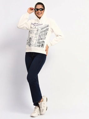 Madame White Graphic Printed Hoodie Sweatshirt shiny accents