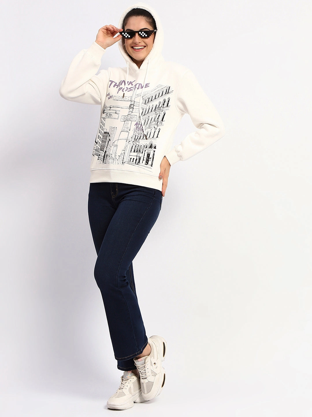 Madame White Graphic Printed Hoodie Sweatshirt shiny accents
