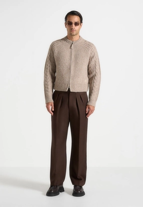 Minimal Fashion Gaby - Speckled Cable Knit Zip Cardigan - Beige