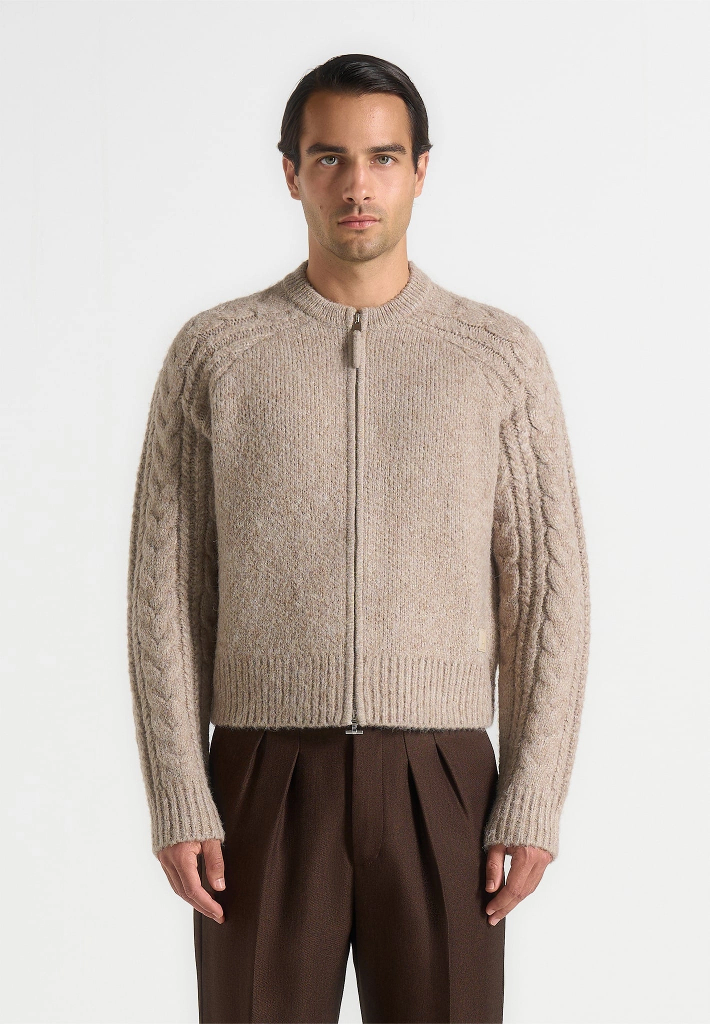 Gaby - Speckled Cable Knit Zip Cardigan - Beige FadeResistant Color Fresh Look