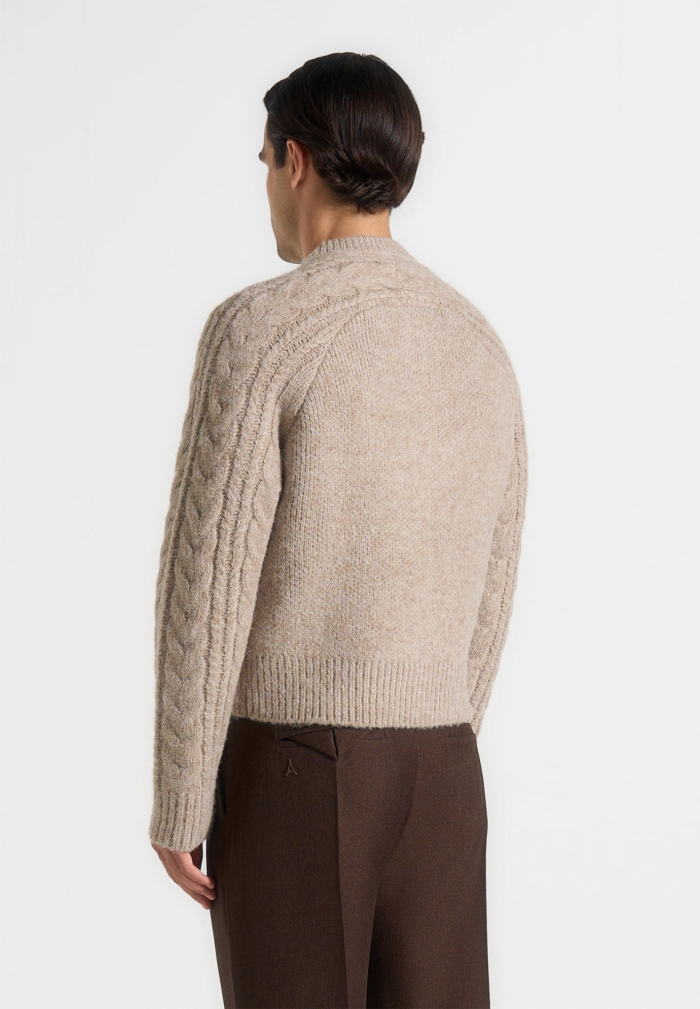 Gaby - Speckled Cable Knit Zip Cardigan - Beige Recycled Polyester Thread Diagonal Pocket Placement