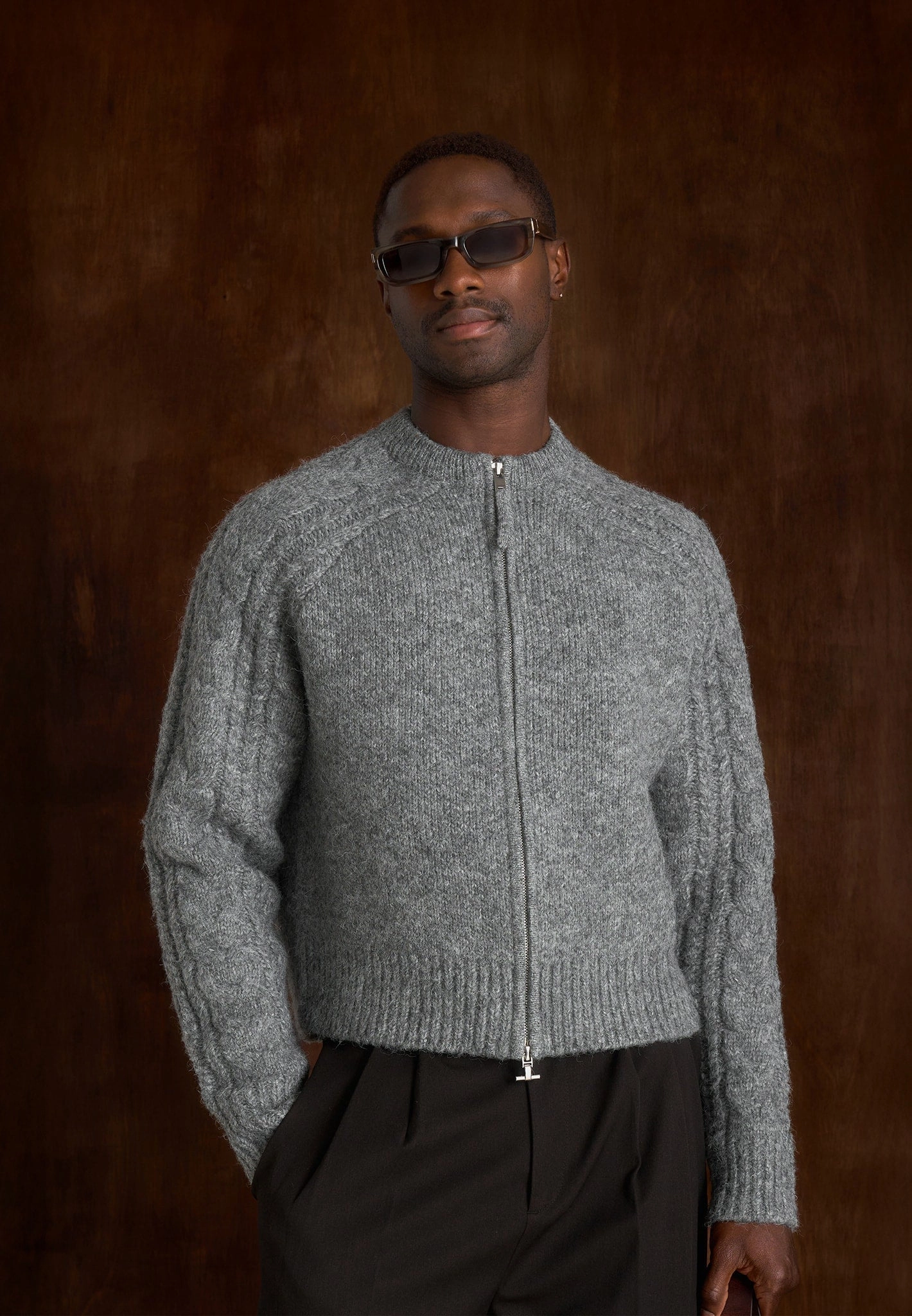 Gaby - Speckled Cable Knit Zip Cardigan - Grey Wardrobe Classic EcoFriendly Material Blend