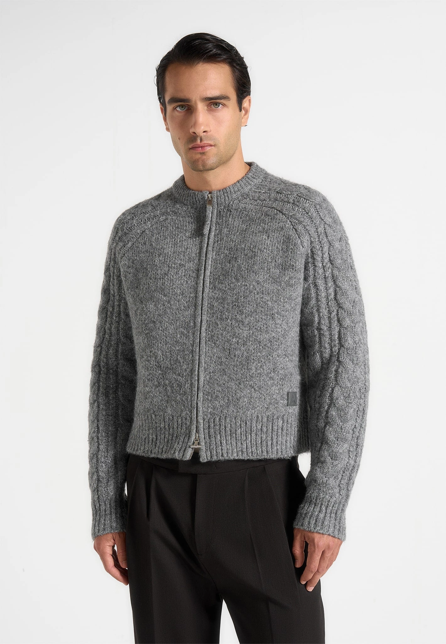 Street Comforted Travel Essential Gaby - Speckled Cable Knit Zip Cardigan - Grey
