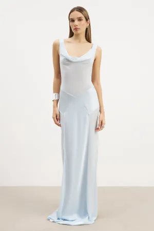 Chain-Detail Cowl Neck Satin Panel Gown - Powder Blue