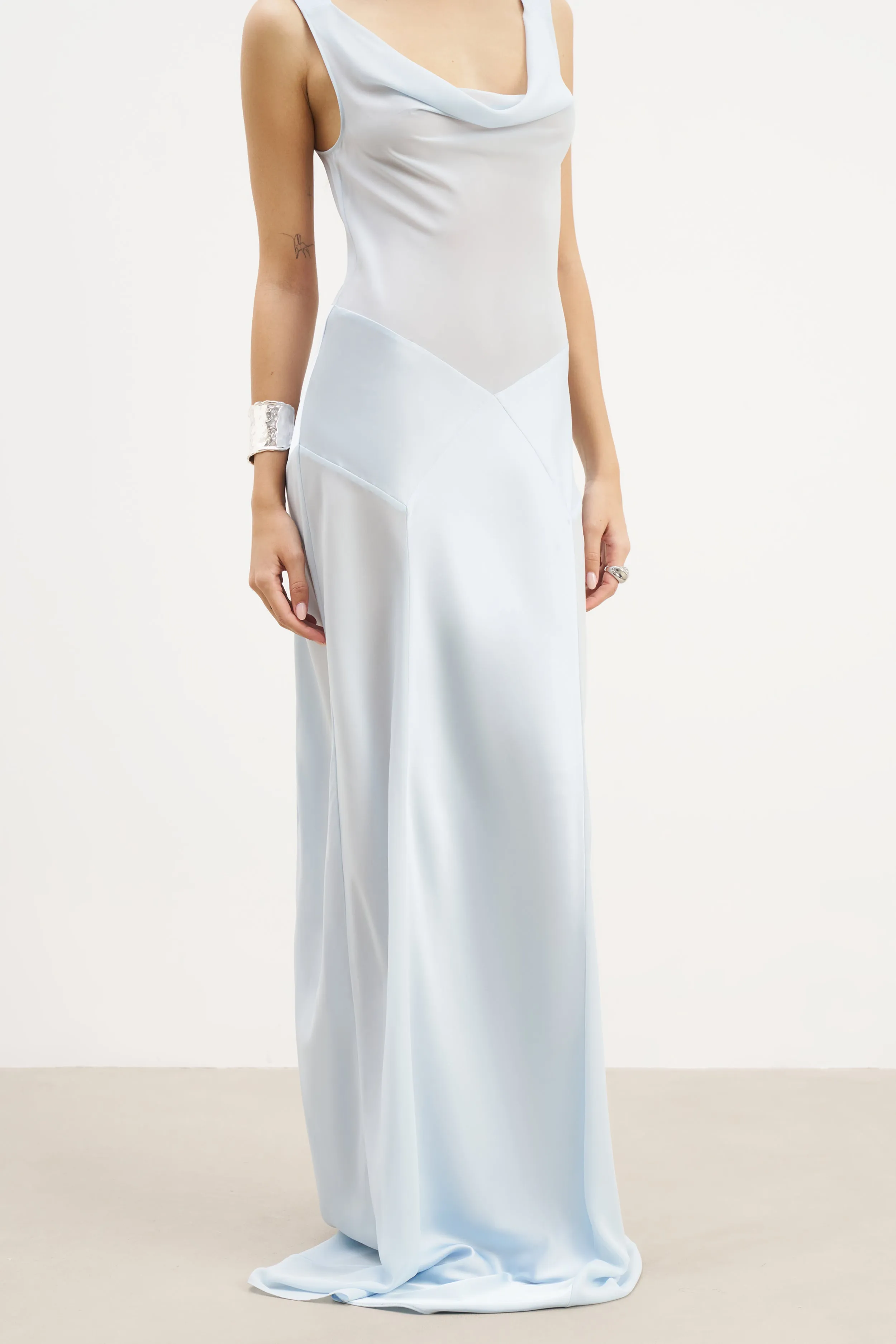 Cowl Neck Satin Panel Gown - Powder Blue Shiny Zip Smooth Blend