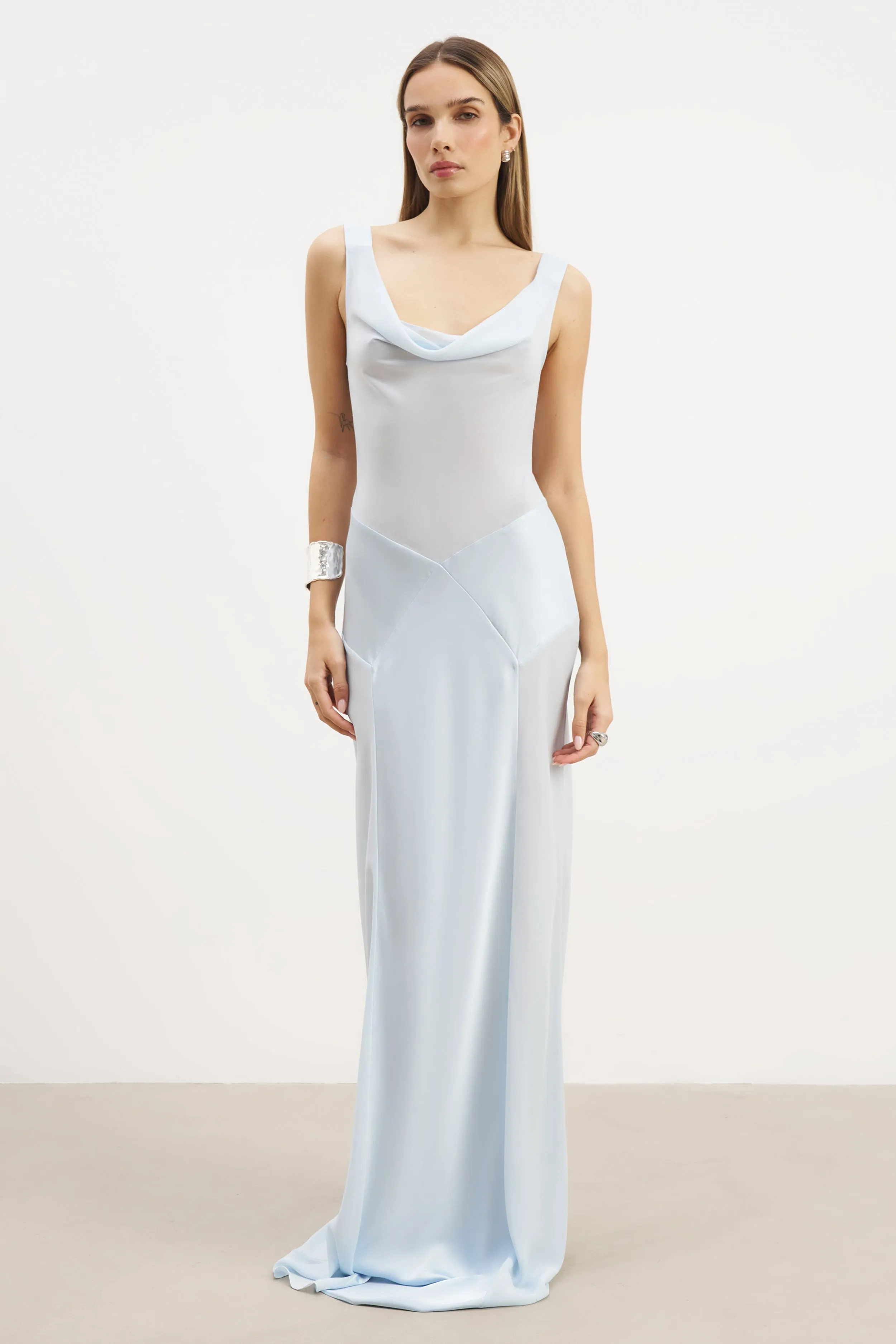 Chain-Detail Cowl Neck Satin Panel Gown - Powder Blue