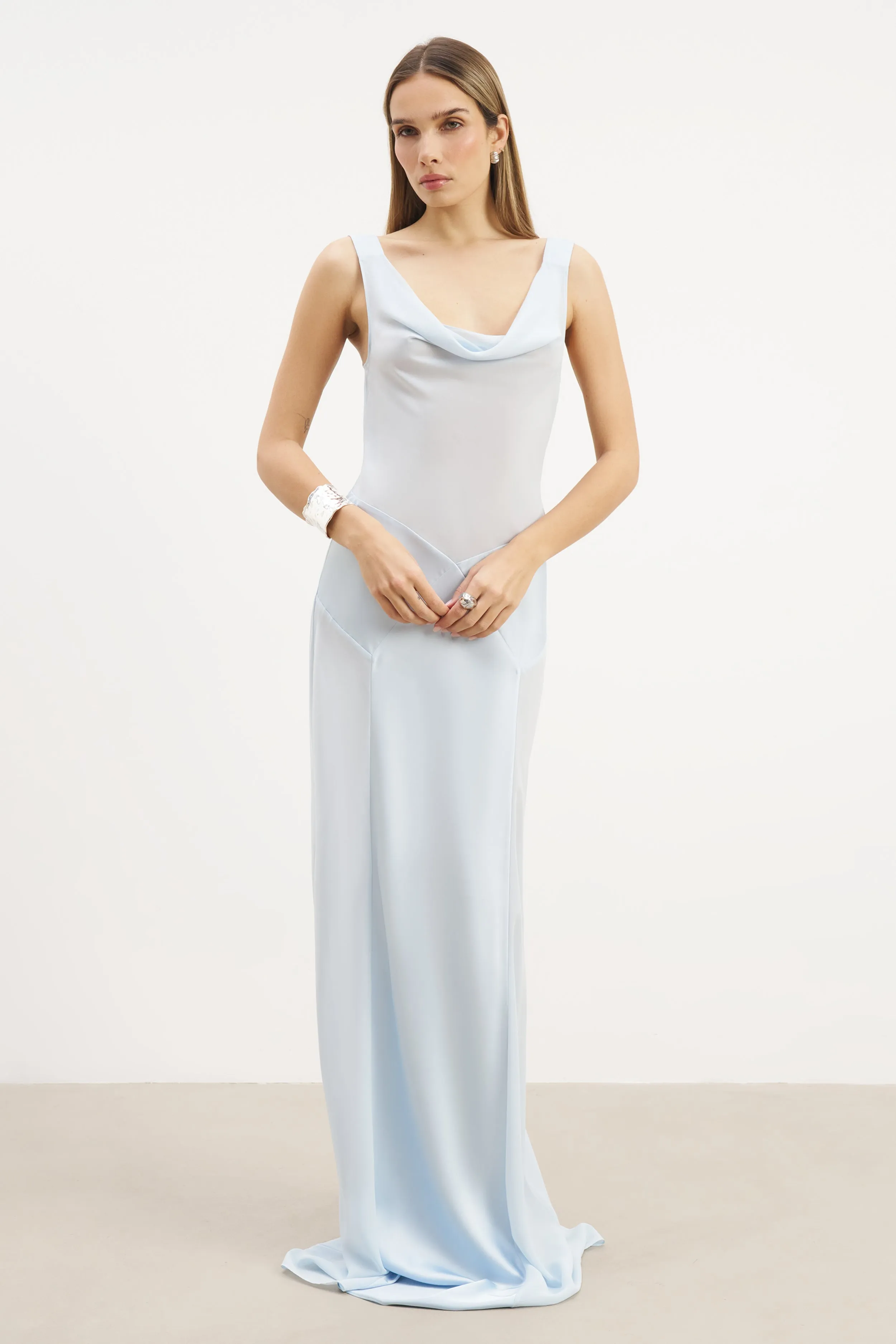 Cowl Neck Satin Panel Gown - Powder Blue Feminine Details