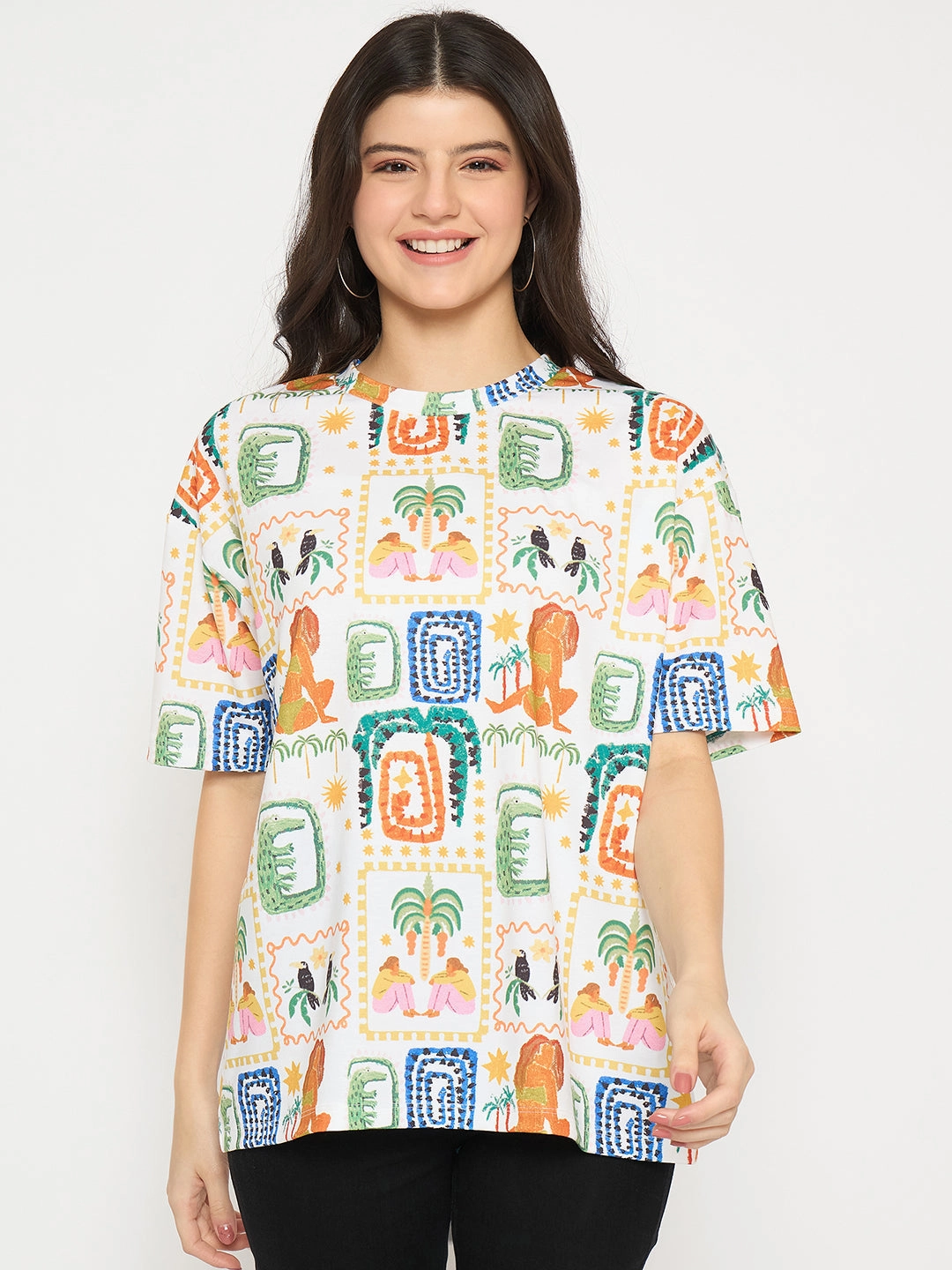 Madame All Over Graphic Print White T-shirt Everyday Fit Glossy Look