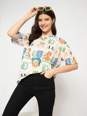 Madame All Over Graphic Print White T-shirt Fun Prints