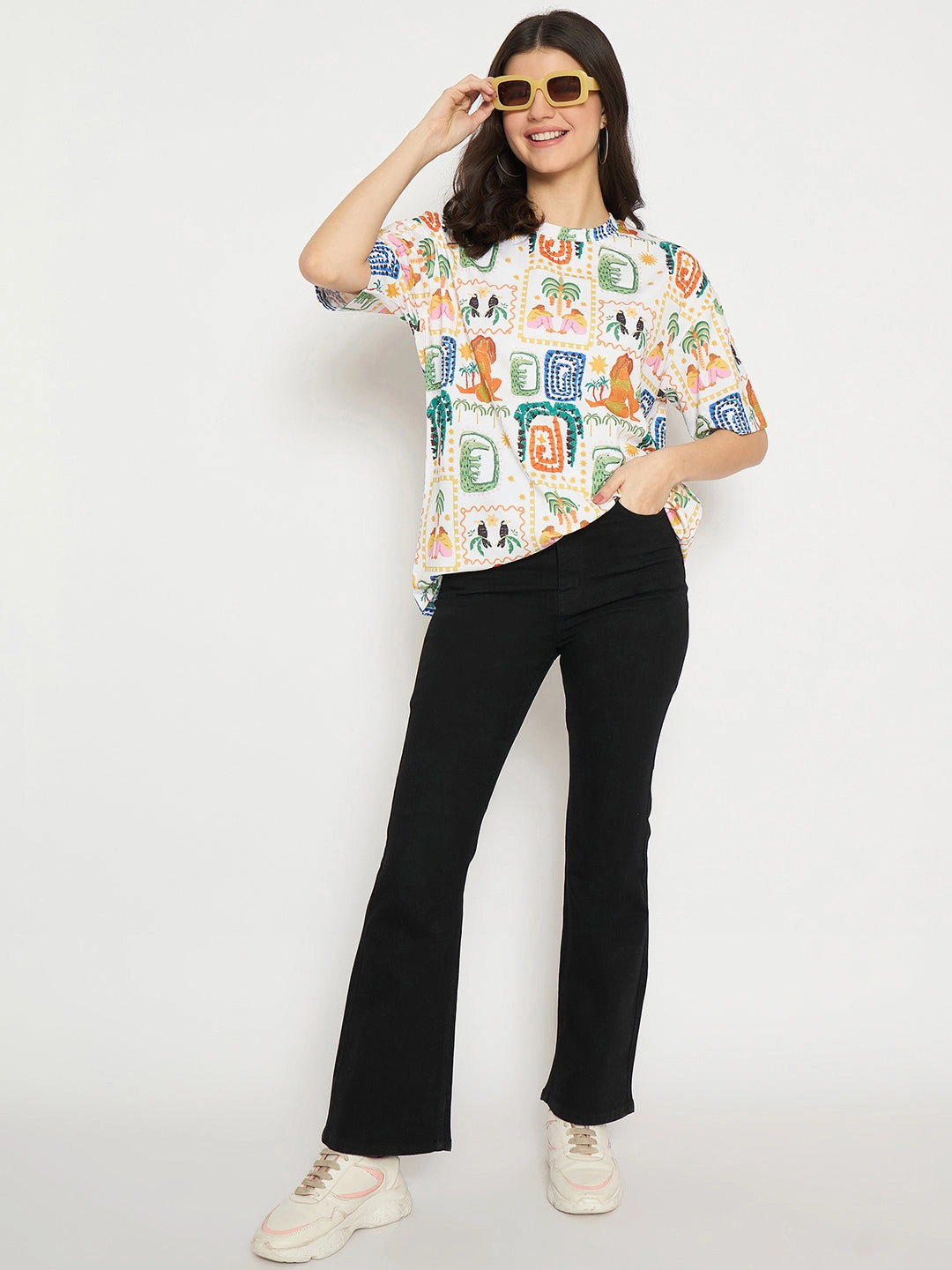 Madame All Over Graphic Print White T-shirt Casual Performance Fit
