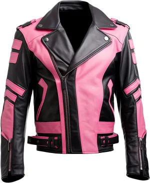Generic Mens Pink Black Genuine Sheepskin Notch Lapel Collar Classy Casual Moto Biker Asymmetric Crossover Rider Leather Jacket (US, Alpha, X-Large, Regular, Regular, Genuine sheepskin leather 100%)