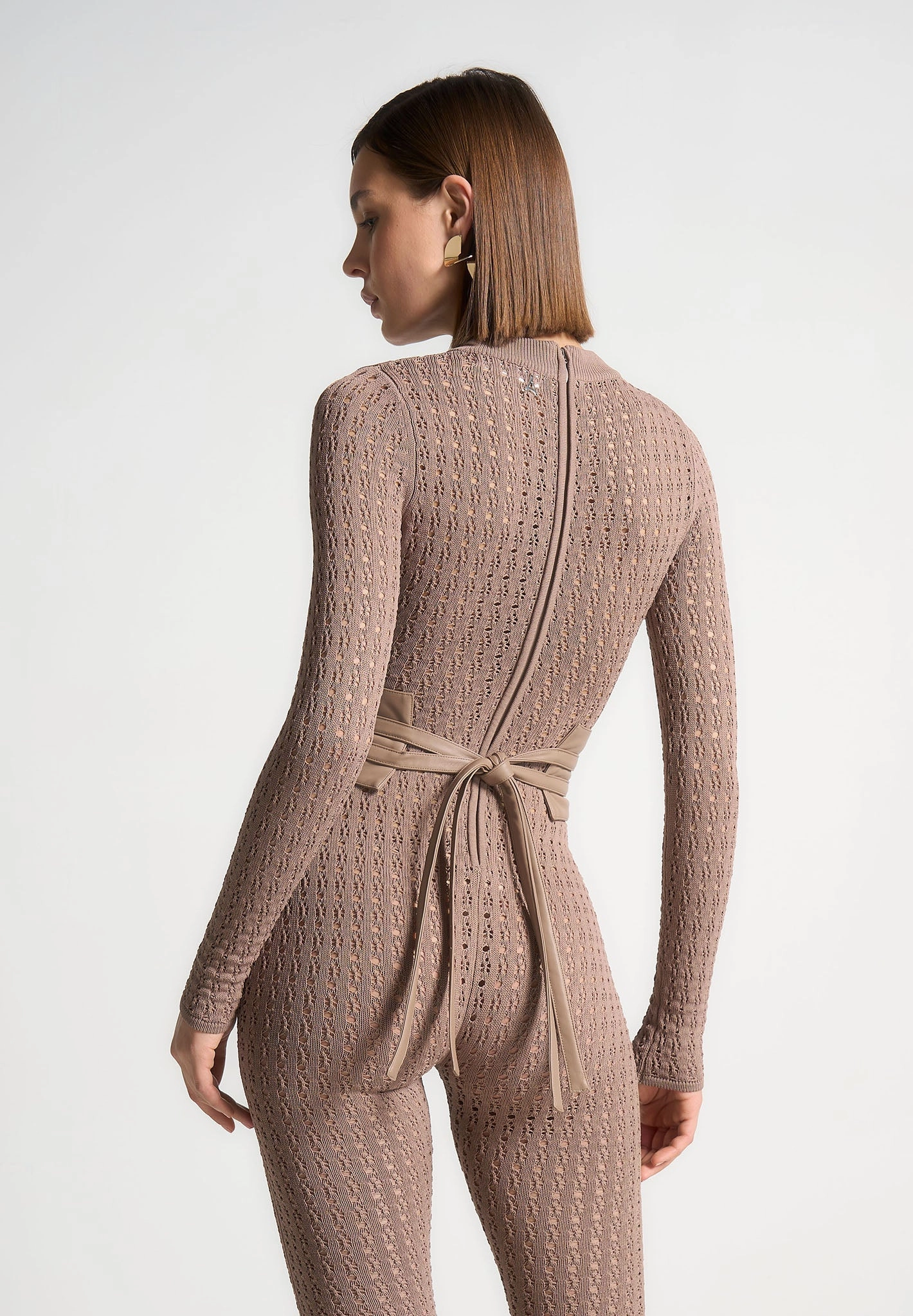 Chantal - Pointelle Knit Long Sleeve Jumpsuit with Belt - Taupe Essential Comfort Lounge Vibe
