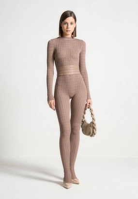 Chill Vibe Day To Day Chantal - Pointelle Knit Long Sleeve Jumpsuit with Belt - Taupe