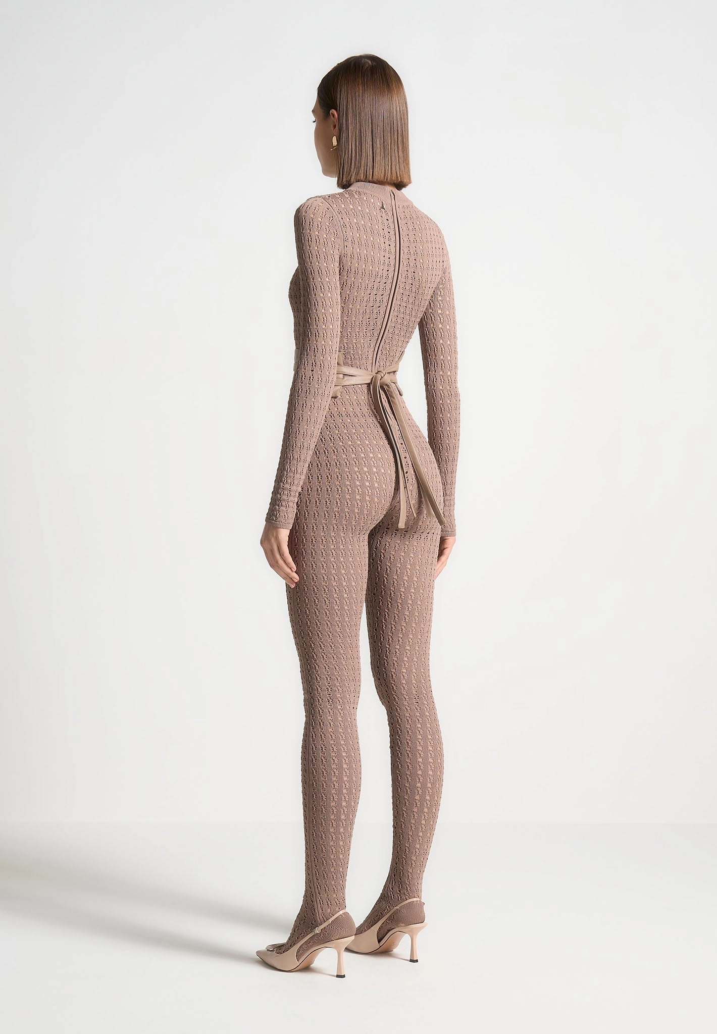 Chantal - Pointelle Knit Long Sleeve Jumpsuit with Belt - Taupe YarnDyed Stripes