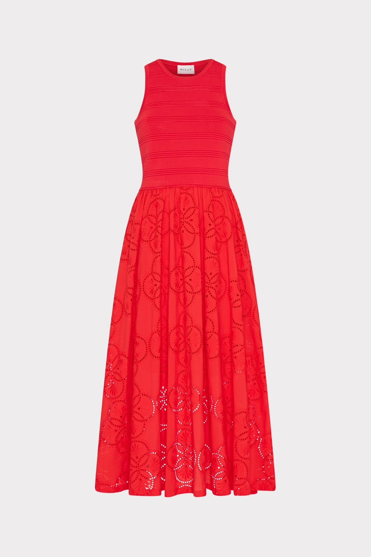 Geo Eyelet Knit Combo Midi Dress High Elasticity Sweat Wicking Lining