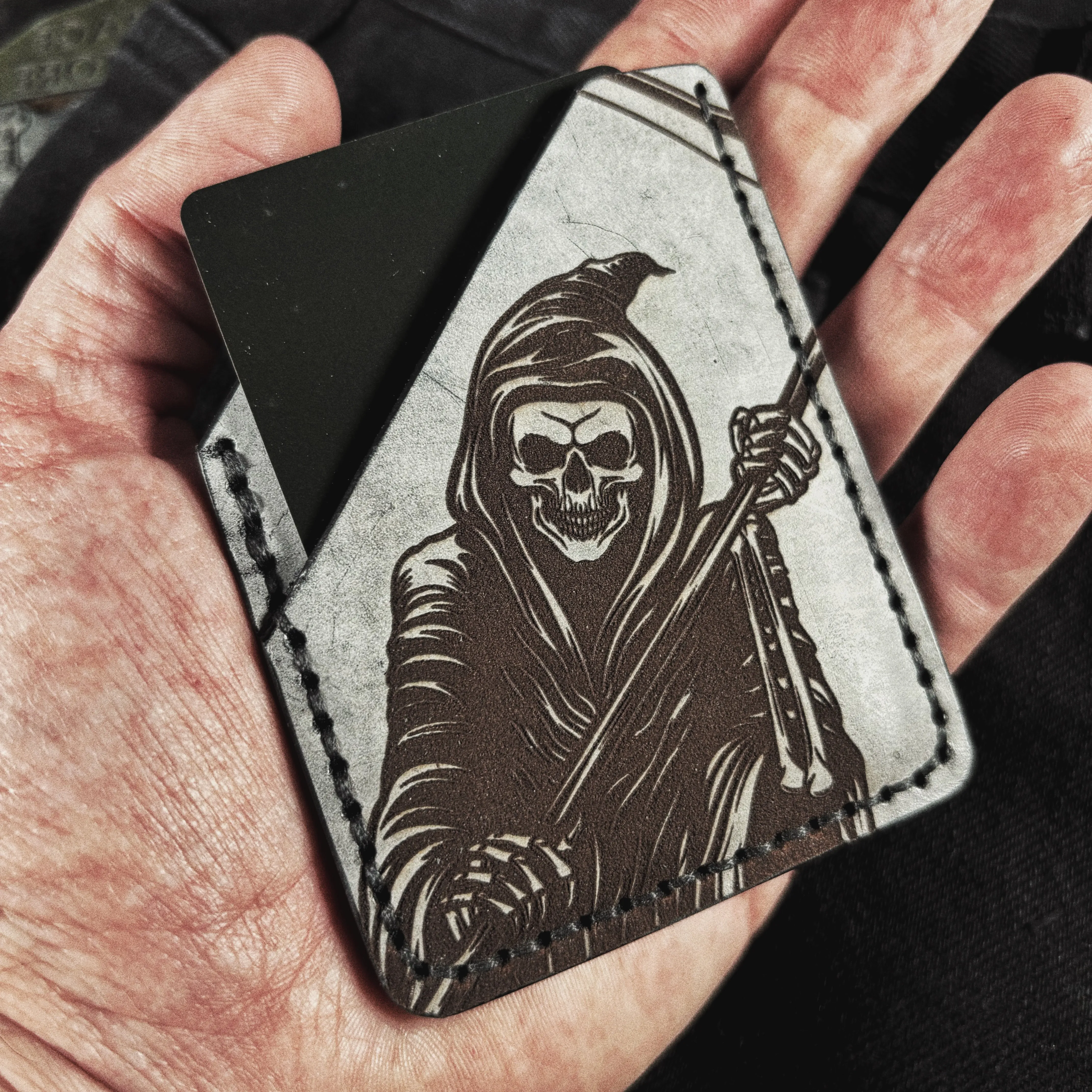 Ghost Reaper Engraved Hand Made Leather Minimalist Wallet
