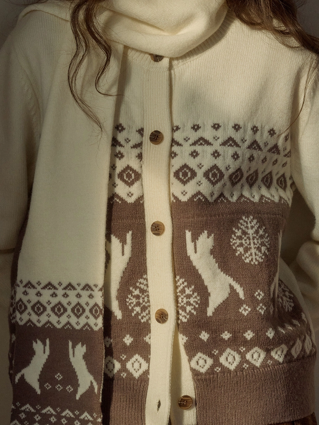 Soft Texture Giana SR Exclusive Cat & Snowflake Jacquard Round Neck Fair Isle Cardigan (With Scarf)