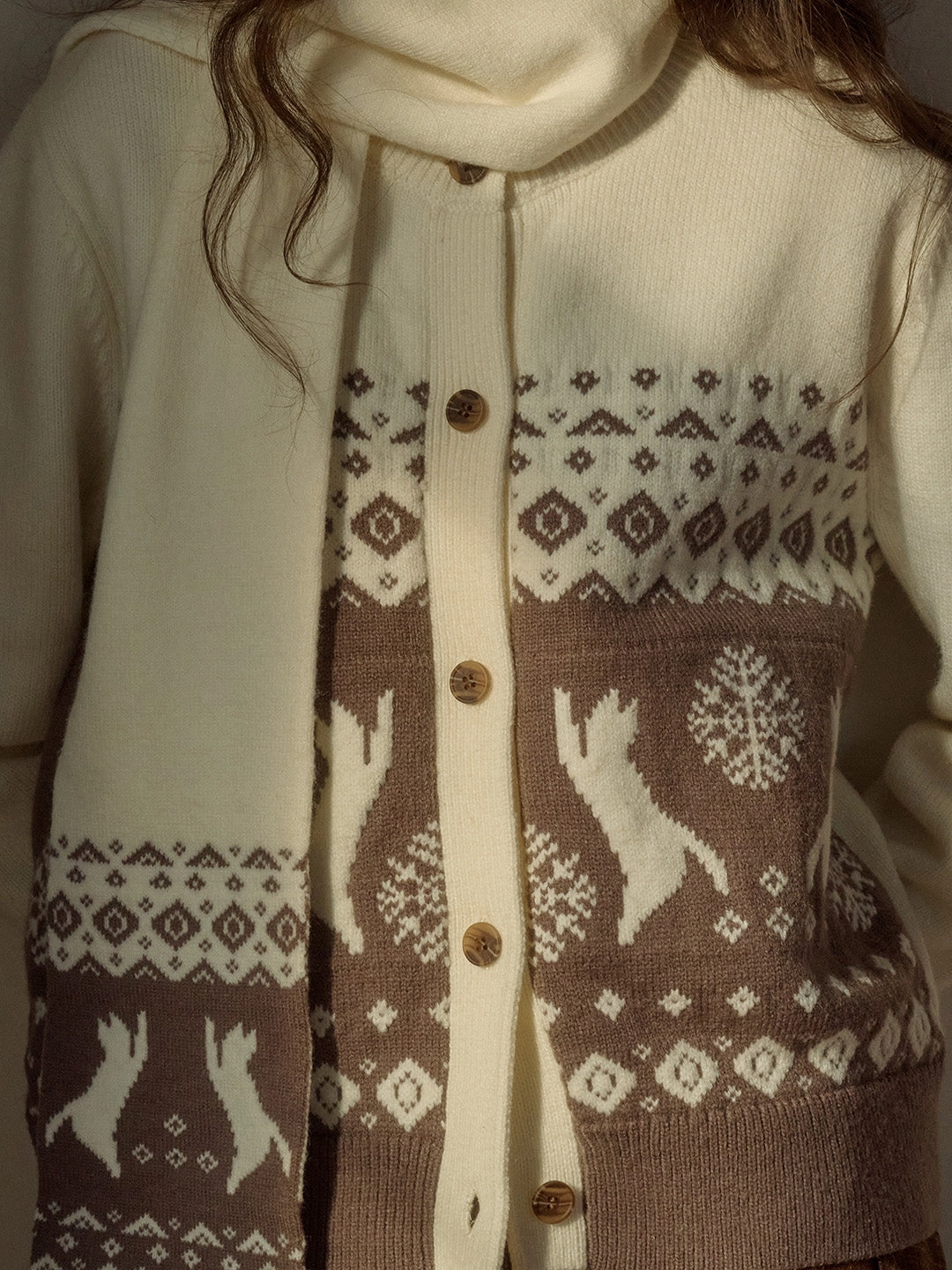 Giana SR Exclusive Cat & Snowflake Jacquard Round Neck Fair Isle Cardigan (With Scarf) Waffle Knit Texture Fresh Style