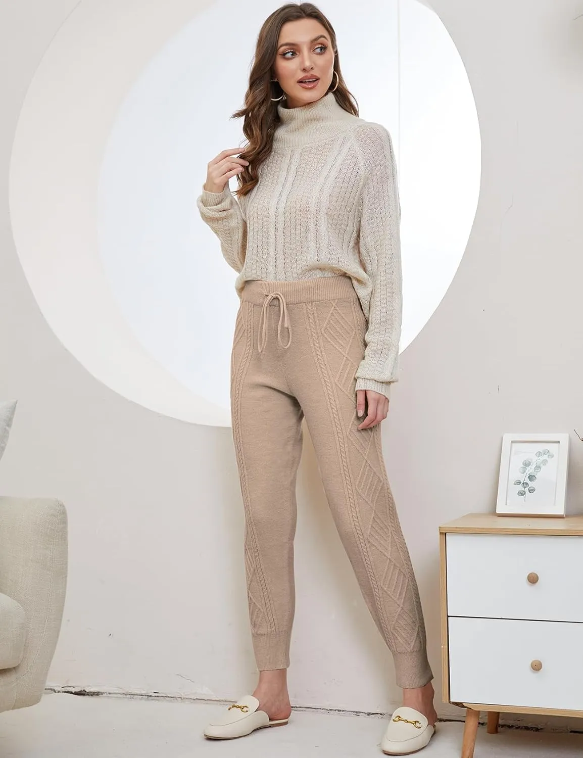 Gihuo Women's Cable Knit Sweater Pants - Long Harem Joggers with Elastic Waist