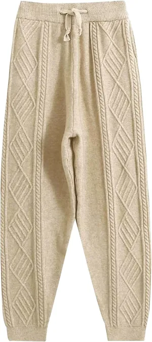 Gihuo Women's Cable Knit Sweater Pants - Long Harem Joggers with Elastic Waist