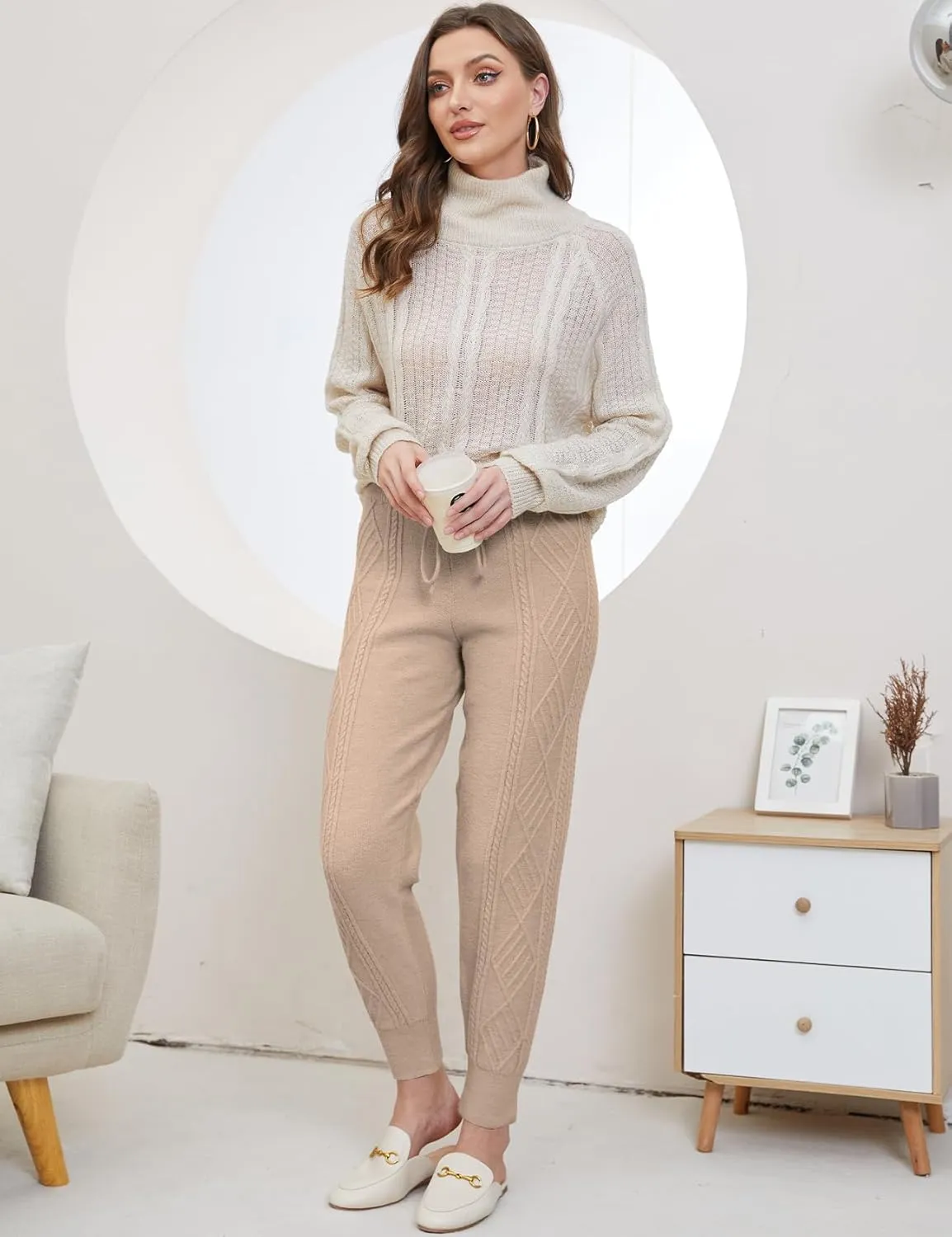 Gihuo Women's Cable Knit Sweater Pants - Long Harem Joggers with Elastic Waist
