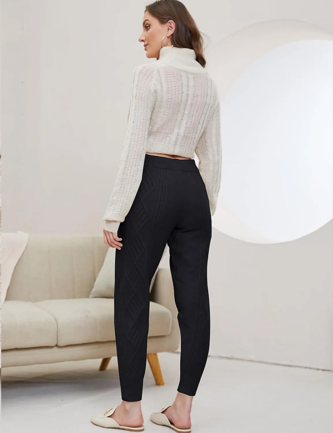 Gihuo Women's Cable Knit Sweater Pants - Long Harem Joggers with Elastic Waist