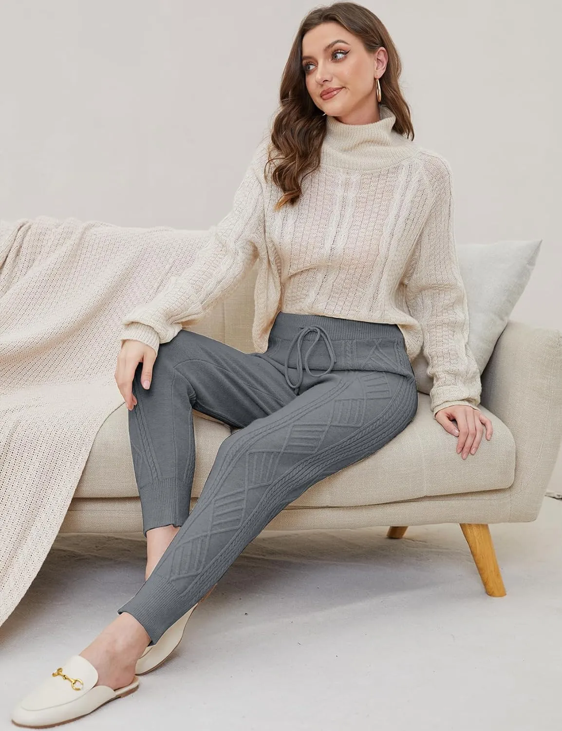 Gihuo Women's Cable Knit Sweater Pants - Long Harem Joggers with Elastic Waist
