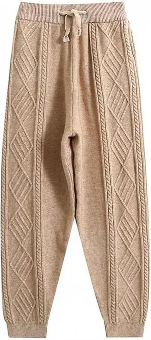 Gihuo Women's Cable Knit Sweater Pants - Long Harem Joggers with Elastic Waist