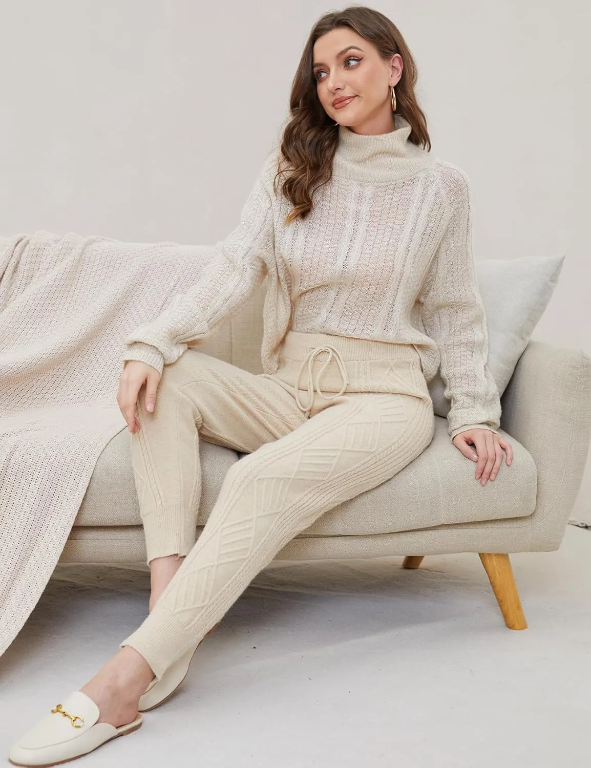 Gihuo Women's Cable Knit Sweater Pants - Long Harem Joggers with Elastic Waist