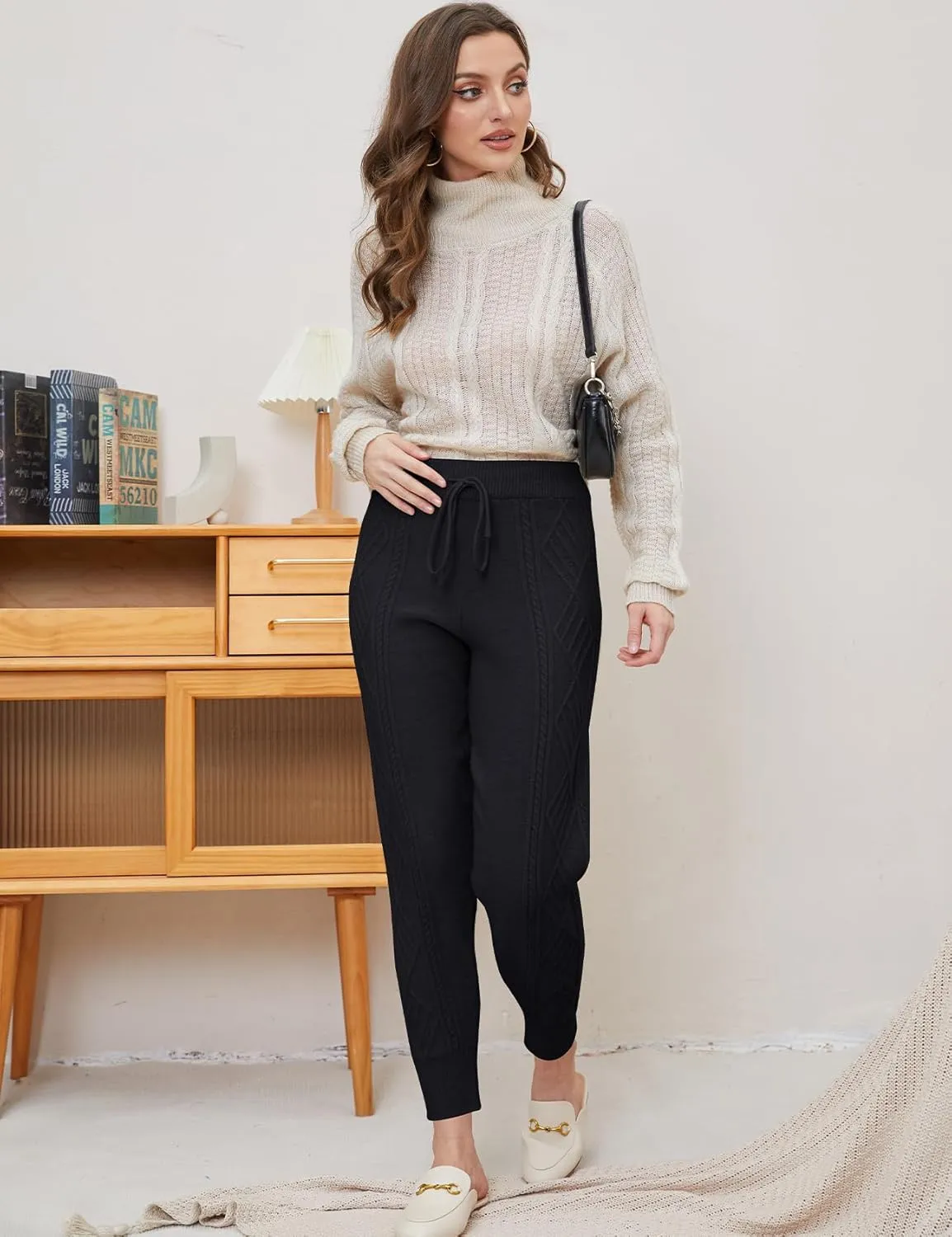 Gihuo Women's Cable Knit Sweater Pants - Long Harem Joggers with Elastic Waist