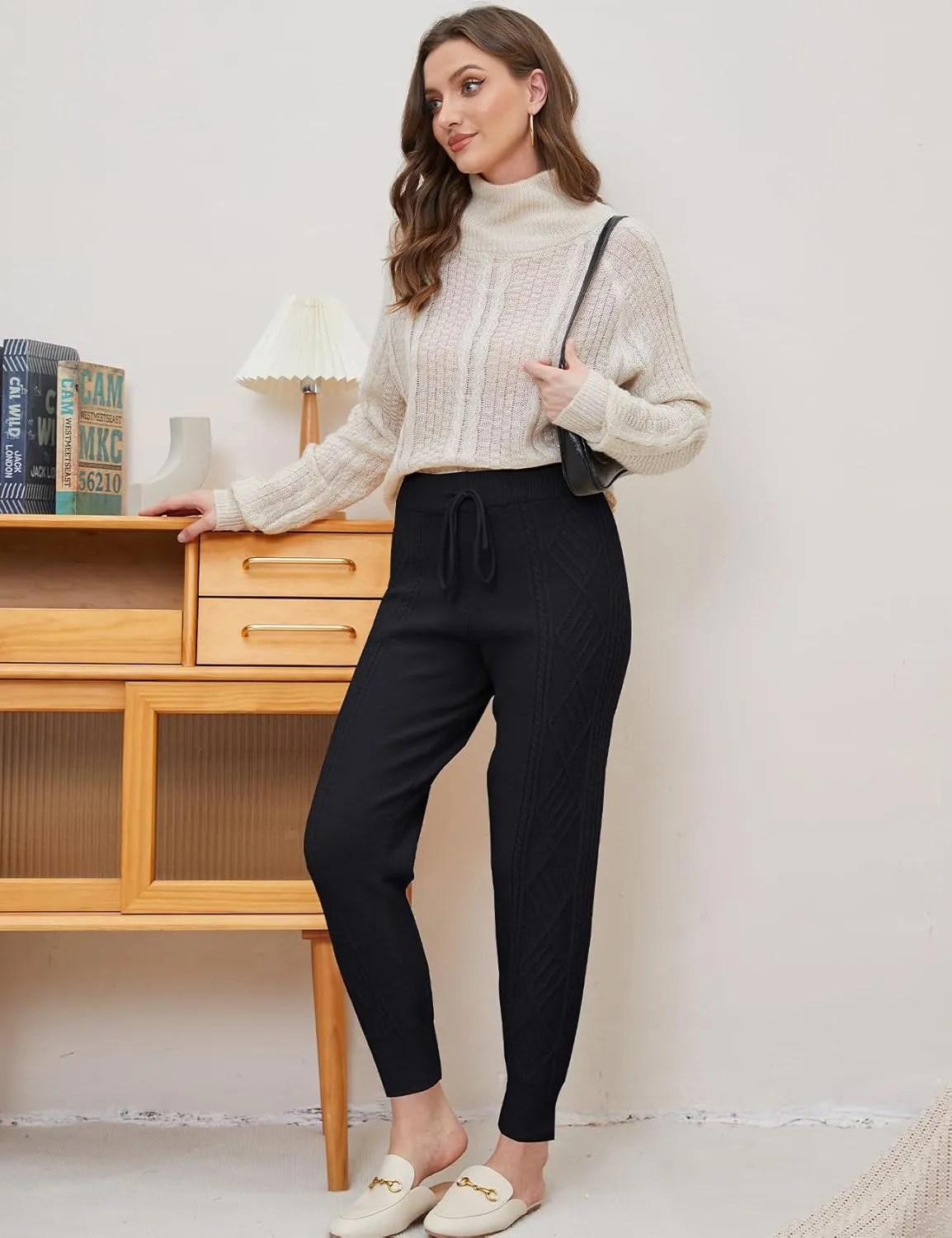 Gihuo Women's Cable Knit Sweater Pants - Long Harem Joggers with Elastic Waist