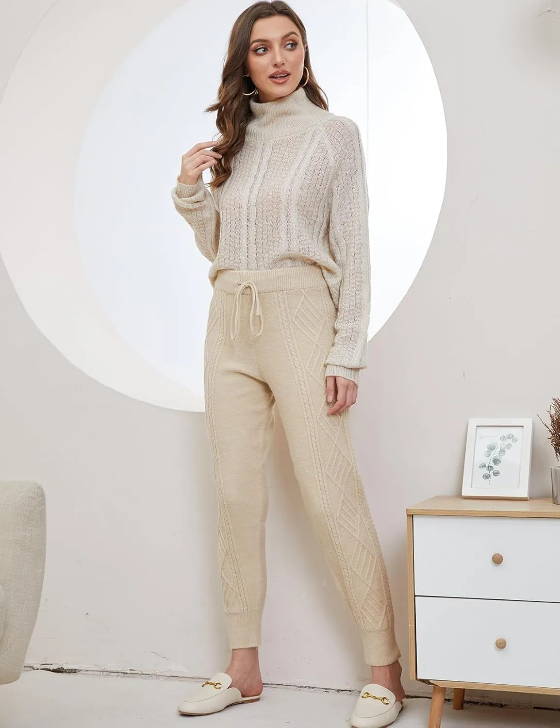 Gihuo Women's Cable Knit Sweater Pants - Long Harem Joggers with Elastic Waist