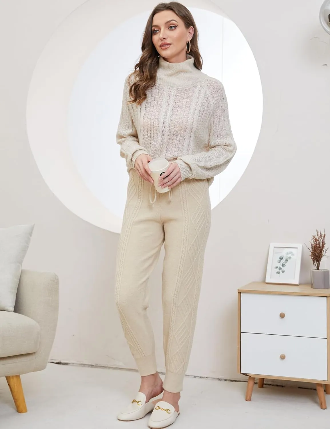 Gihuo Women's Cable Knit Sweater Pants - Long Harem Joggers with Elastic Waist