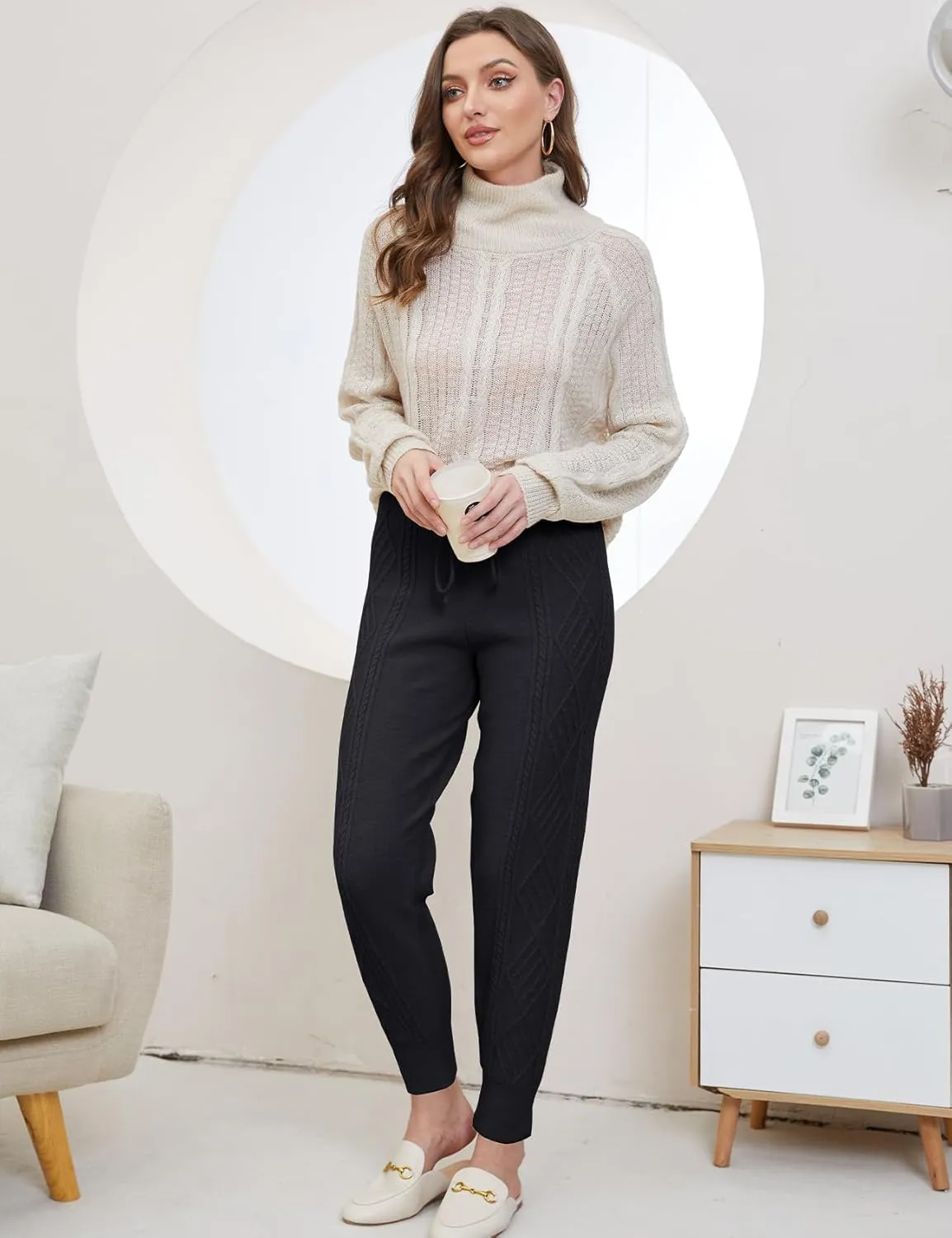 Gihuo Women's Cable Knit Sweater Pants - Long Harem Joggers with Elastic Waist