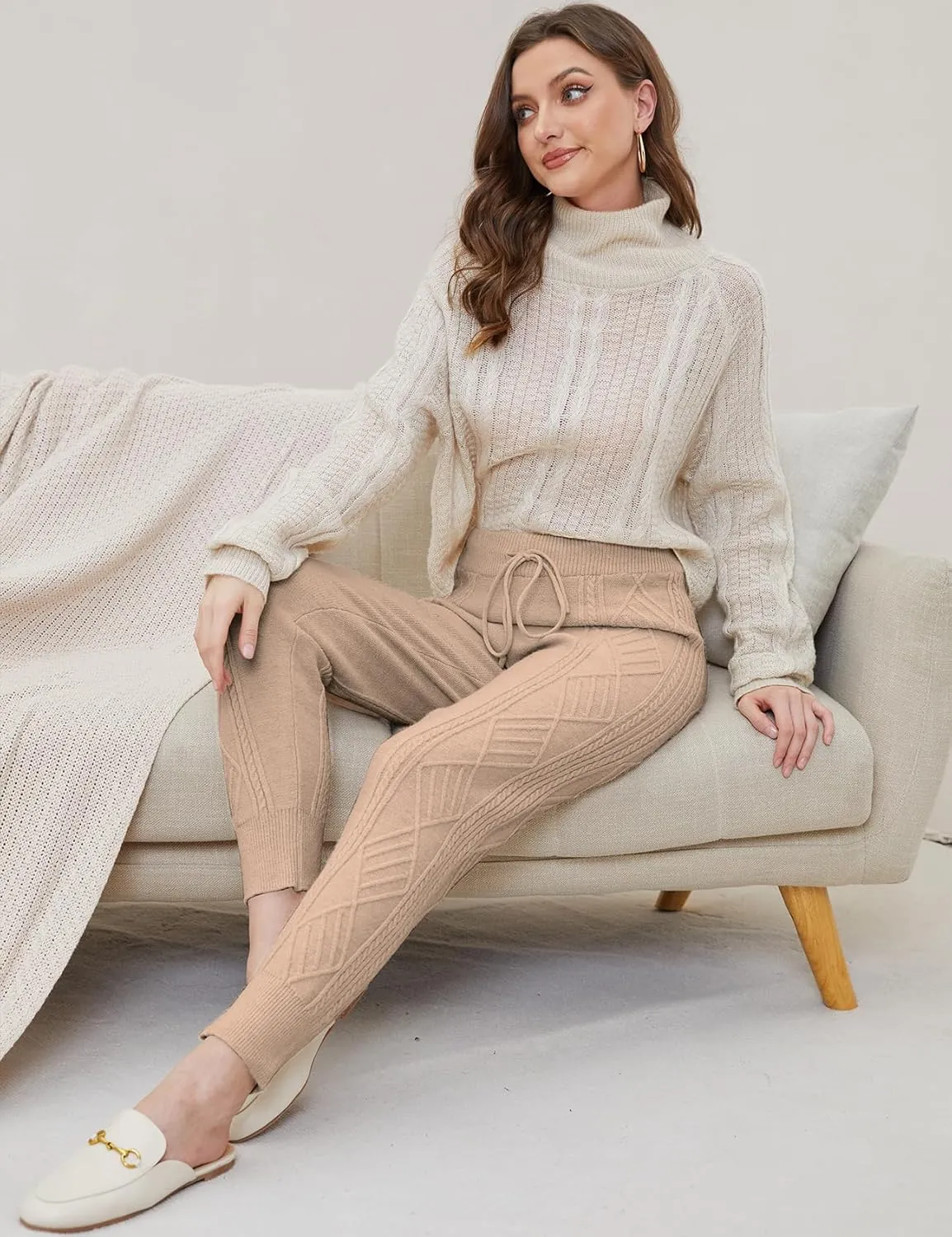 Gihuo Women's Cable Knit Sweater Pants - Long Harem Joggers with Elastic Waist