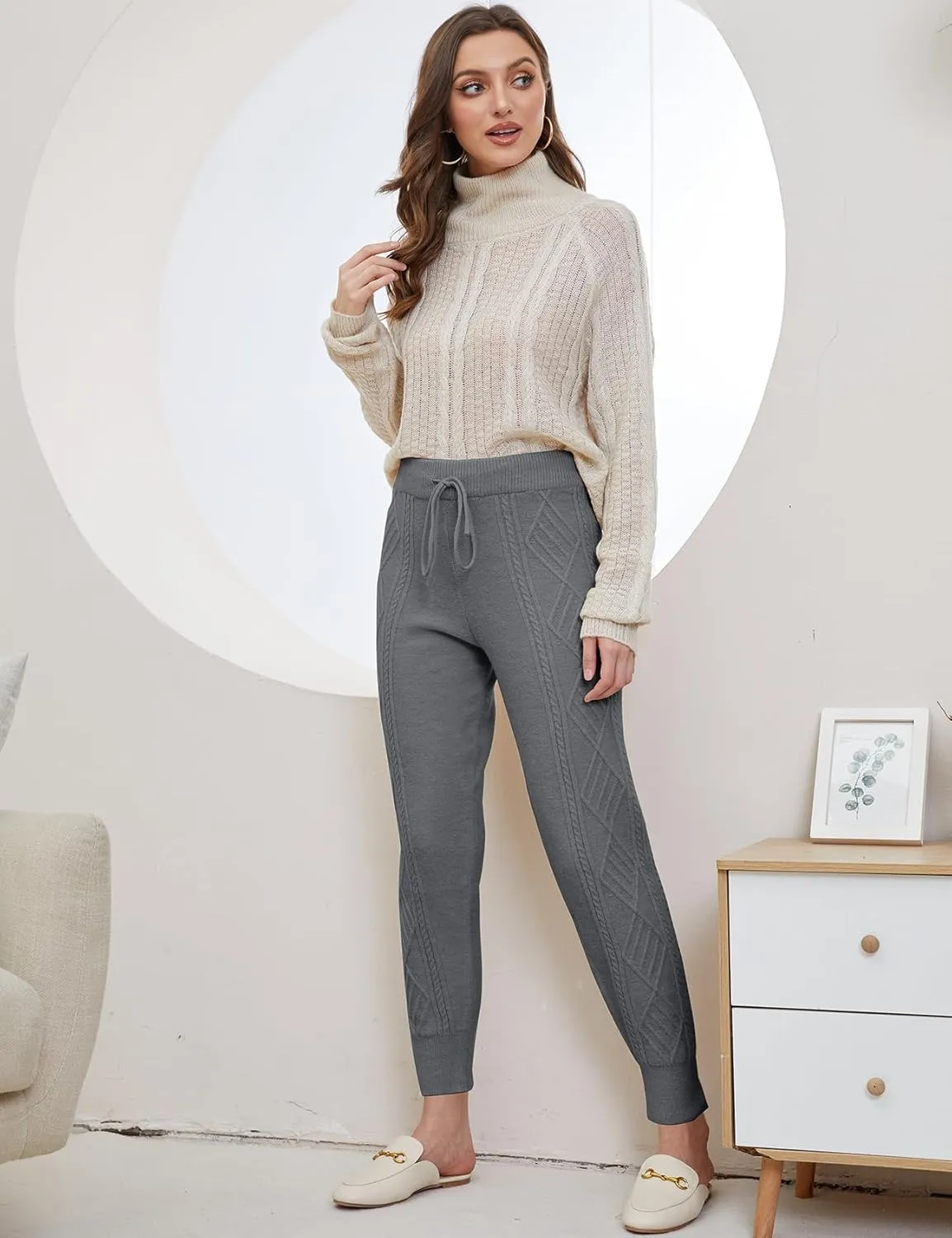 Gihuo Women's Cable Knit Sweater Pants - Long Harem Joggers with Elastic Waist