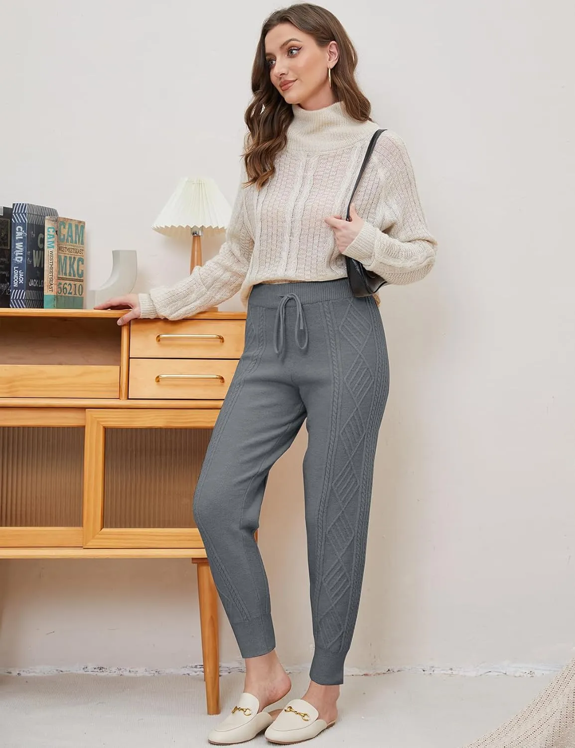 Gihuo Women's Cable Knit Sweater Pants - Long Harem Joggers with Elastic Waist
