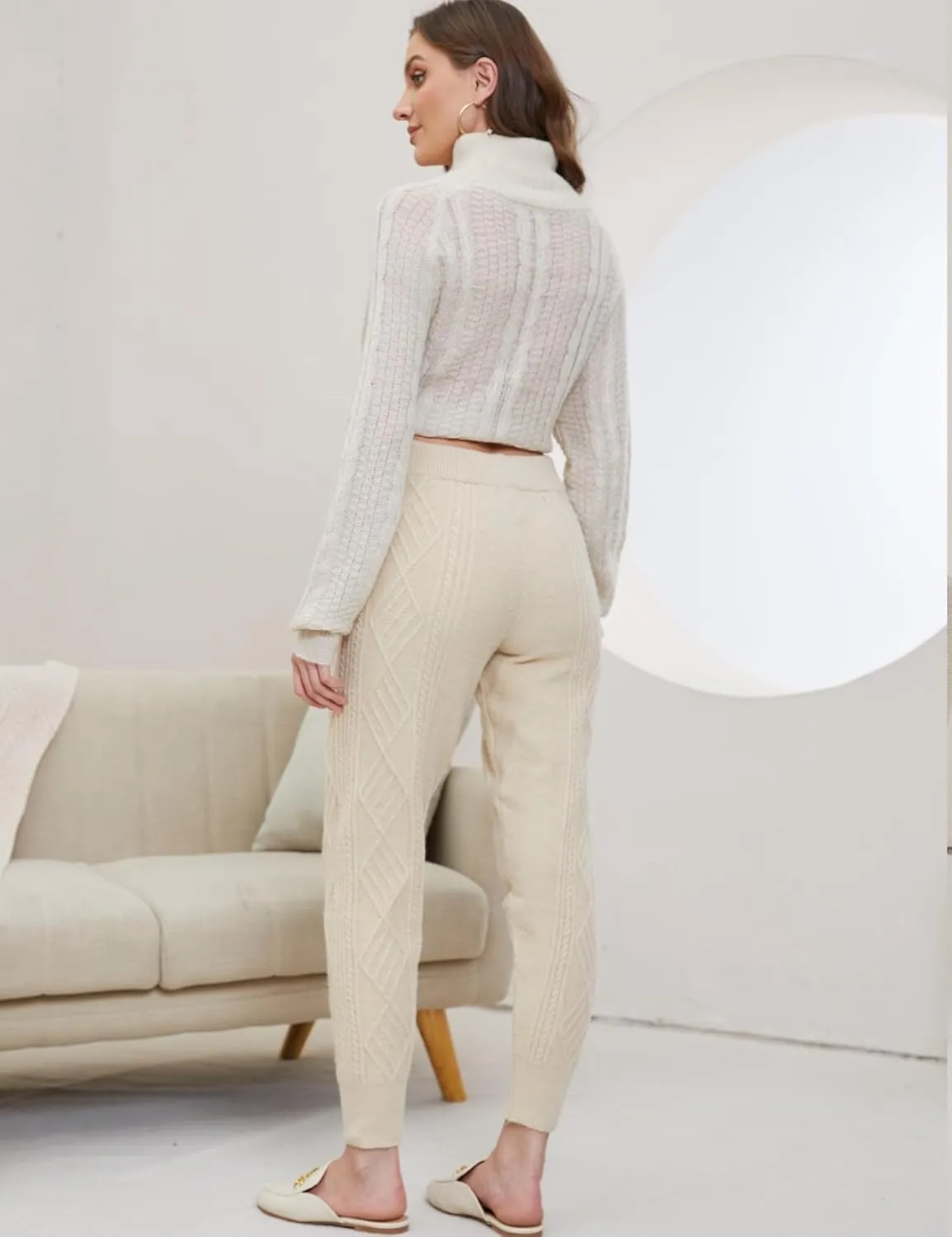 Gihuo Women's Cable Knit Sweater Pants - Long Harem Joggers with Elastic Waist