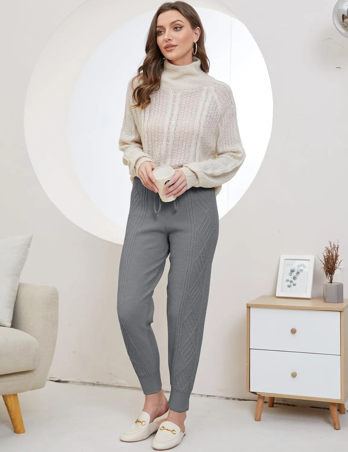 Gihuo Women's Cable Knit Sweater Pants - Long Harem Joggers with Elastic Waist